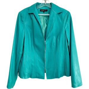 Vintage y2k 100% Leather Blazer Jacket Turquoise Blue Jones New York size Large